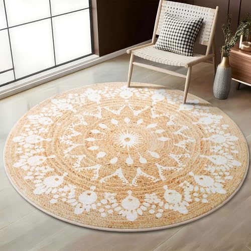 Asrug Großer runder Teppich, 1,8 m, Bauernhaus-Teppich für Wohnzimmer, rutschfest, maschinenwaschbar, runder Teppich für Küche, Schlafzimmer, Kinderzimmer, Esszimmer, weicher Überwurf, Bodenteppich von Asrug