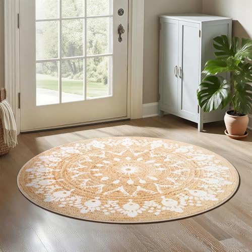 Asrug Kleiner runder Teppich, 60 cm, rutschfest, rund, für Küche, Bad, Wohnzimmer, Schlafzimmer, Kinderzimmer, weicher floraler Kunstwollteppich, niedriger Flor, Braun Asrug Kleiner runder Teppich, 60 cm, rutschfest, rund, für Küche, Bad, Wohnzimmer, Schlafzimmer, Kinderzimmer, weicher floraler Kunstwollteppich, niedriger Flor, Braun von Asrug