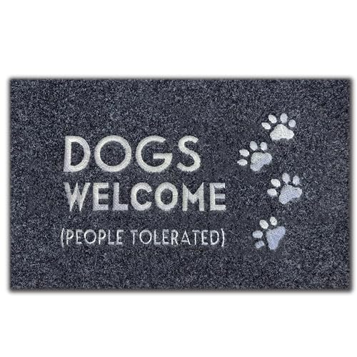 Assaoy Fußmatte für den Außenbereich, mit Aufschrift "Dogs Welcome People Tolerated", schwarz, bestickt, Gummi, für drinnen und draußen, Heimdekoration, leicht zu reinigen, 76,2 x 45,7 cm von Assaoy