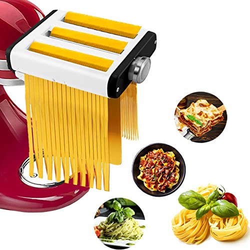 Assiduous 3 in 1 Blätter und Spaghetti, Nudelaufsatz Set mit Reinigungsbürste für KitchenAid aus Edelstahl,inklusive Nudelblattroller, Spaghettischneider, Fettuccine Schneider Cutter von Assiduous