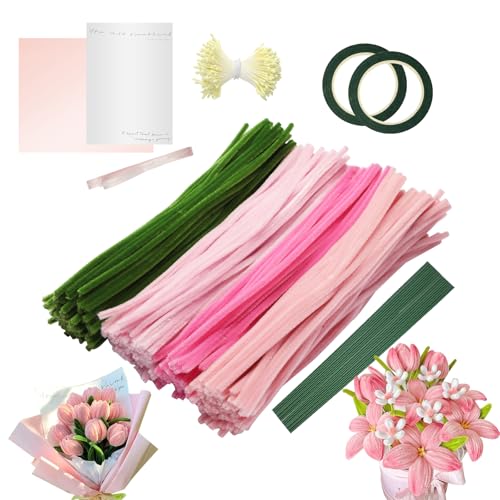 Assiduous 400 Stück Pfeifenputzer zum Basteln - Pfeifenreiniger zum Basteln,Rosa Tulip Bouquet Pfeifenreiniger Set, 4 Farben Pipe Cleaner mit 20 Stück Grünem Bastelfaden, für Blumenstrauß DIY Basteln von Assiduous