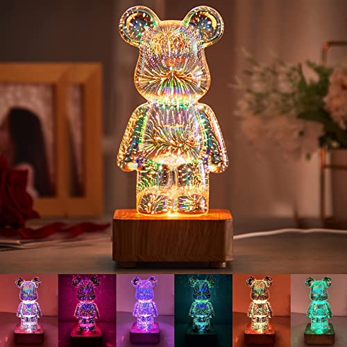 Asslye 3D Feuerwerk Bär Nachtlicht 8 Farben ändern LED Bären Lampe Leuchtende Tischdekoration Geschenk für Mädchen Kinder von Asslye