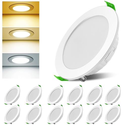 Asstikoo LED Einbaustrahler 230V Dimmbar, 7W 12er Set Einbauleuchten Deckenspots Deckenstrahler Lochöffnung Ø 85-100 mm, IP44 Ultra Flach LED Spots für Badezimmer Wohnzimmer von Asstikoo