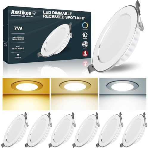 Asstikoo Einbaustrahler LED Dimmbar, 230V 3000K-6500K Ultra Flach Aluminium Einbauleuchten, 7W 700LM Deckenstrahler, 80-100mm EinbauØ LED Spots, 30mm Einbautiefe IP44 Decken Spot- 6er Set von Asstikoo