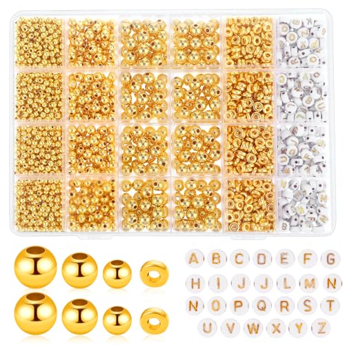 ASTER 2240 Stück Goldene Perlen 4/6/8 mm Runde Perlen Gold Buchstaben Bastelperlen Set, Abstandshalter Perlen zum Auffädeln Vergoldete Perlen mit Loch für Armbänder Halsketten DIY Bastelarbeiten von ASTER