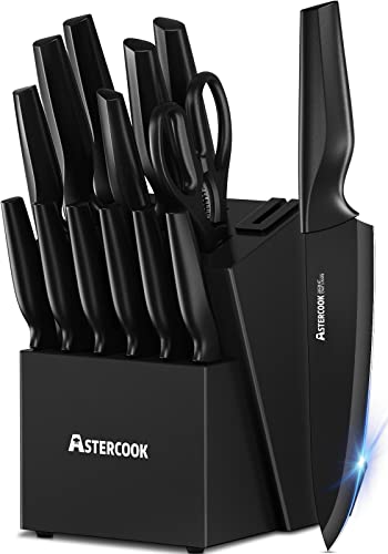 Astercook Messerset, Küchenmesser-Set mit integriertem Sharpener Block, Dishwasher Safe, 15-teilig, aus rostfreiem Stahl, Schwarz von Astercook
