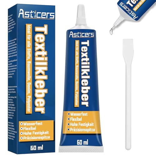 60 ml Textilkleber, Stoffkleber Textilkleber Waschmaschinenfest, Textilkleber Extra Stark, Permanenter Transparenter Waschbarer Textilkleber für Stoffe, Kleidung (60ml) von Asticers