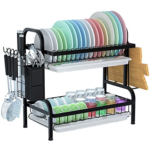 Astoryou Abtropfgestell Geschirr Schwarz Edelstahl, 2-stufiges Geschirrabtropfgestell, Abtropfständer mit Utensilienhalter und Dish Drying Rack Drainer für Trockne die Spüle (42 * 23 * 41cm) von Astoryou