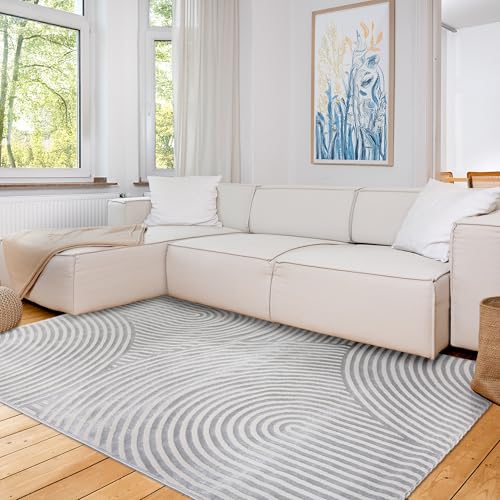 Astra Moderner Teppich Wohnzimmer, Schlafzimmer - Weiches Flachgewebe für Innen - Flauschiger Kurzflorteppich - Teppich Kringel Silber, 133 x 190 cm von Astra