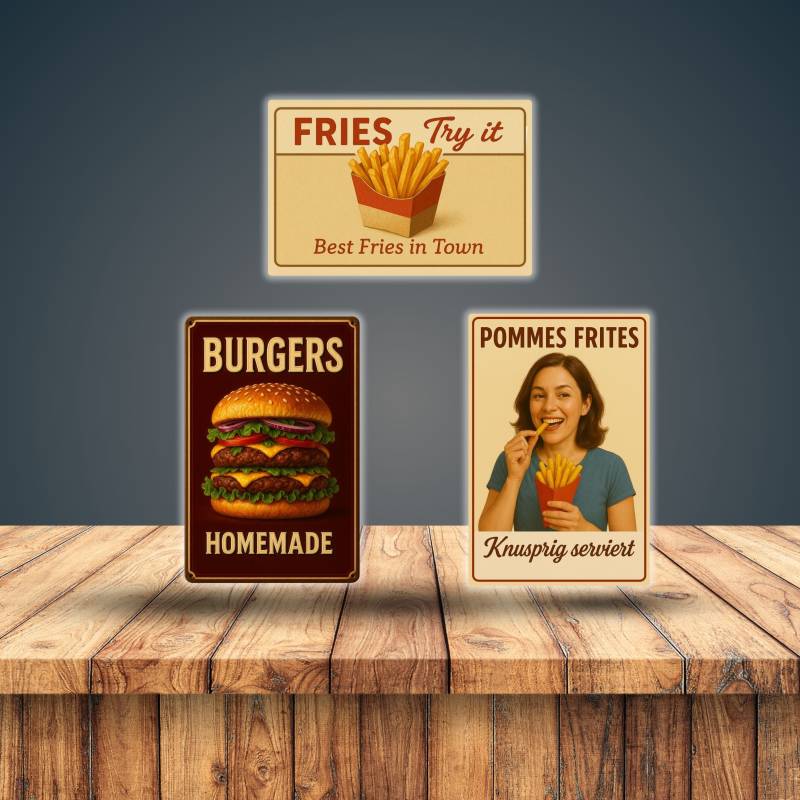 Burger and Fries Blechschilder 3er Set von AstraDesign