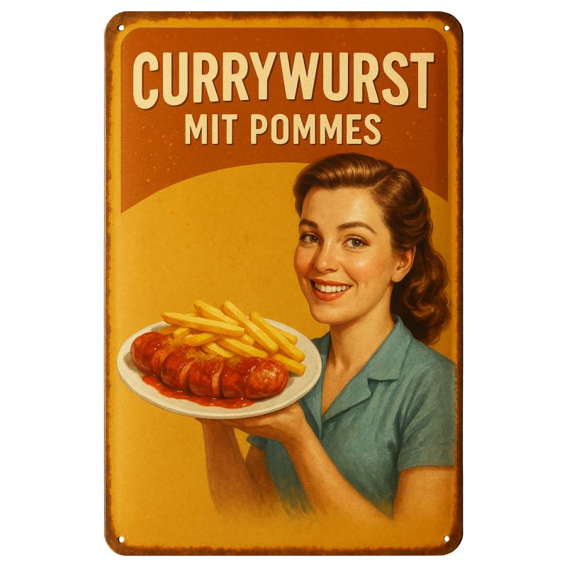 Currywurst mit Pommes Blechschild Gelb/Rot - 20x30cm von AstraDesign