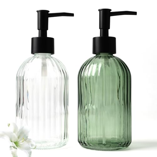 AstraLoom 2er Set Glas Seifenspender Bruchsicher - 400 ML Auslaufsichere Nachfüllbare Spenderflaschen aus Borosilikatglas für Küche, Bad & Haushalt (Transparent+Grün) von AstraLoom