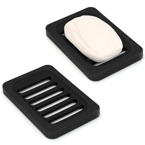 AstraLoom 2er-Set rutschfeste Seifenhalter aus Silikon – Badezimmer-Zubehör für Waschbecken, Badewanne und Dusche. Hält Seife, Schwämme und Scheuerschwämme sicher (schwarz) von AstraLoom