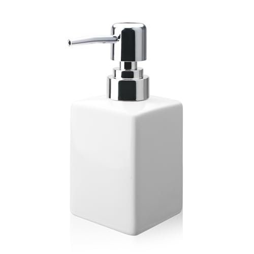 AstraLoom Weißer Keramik-Seifenspender – 320 ml, quadratisches Design mit rostfreier Kunststoffpumpe, nachfüllbar für Shampoo/Flüssigseife, Badezimmer- und Küchenutensilien von AstraLoom