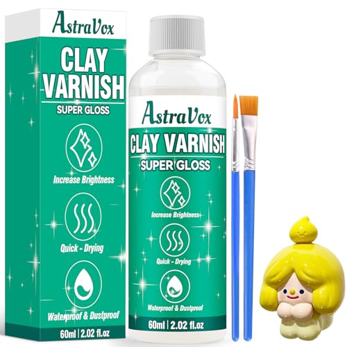 AstraVox 60 ml Glasur für Ton Lufttrocknend mit 2 Pinseln, Air Dry Clay Glaze zur Vermeidung von Rissen und Vergilbung, Glasur für Modelliermasse Lufttrocknend, Hochglänzender & Wasserdicht von AstraVox