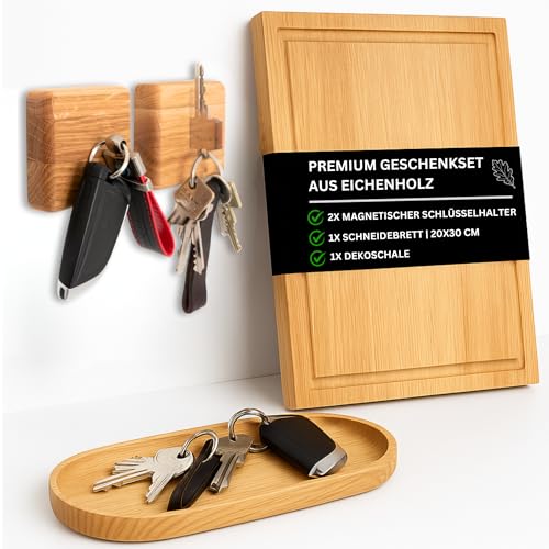 Astrein | Premium Einzugsgeschenk 3er Set | Magnetischer Schlüsselhalter, Schneidebrett & Dekoschale | Hochwertiges Set aus Eichenholz | Richtfest | Geschenkset | Einweihungsgeschenk (3er Set) von Astrein