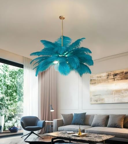 AstrizLamp Feder HäNgelampe Blau, Feder Lampe Nschirm Kronleuchter Wohnzimmer Kreative Dekorative Nordische Pendelleuchte Mit LED Deckenstrahler 4500K für Schlafzimmer Esszimmer Kinderzimmer 100cm von AstrizLamp
