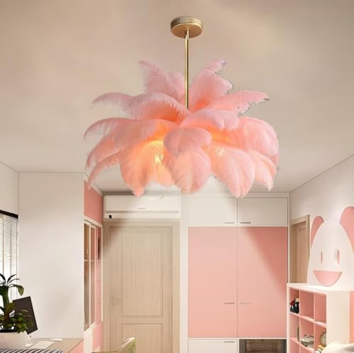 AstrizLamp Feder HäNgelampe Rosa, Feder Lampe Nschirm Kronleuchter Wohnzimmer Kreative Dekorative Nordische Pendelleuchte Mit LED Deckenstrahler 4500K für Schlafzimmer Esszimmer Kinderzimmer 80cm von AstrizLamp