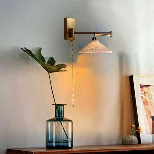 AstrizLamp Schwenkarm-Wandlampe Zugschnur-Wandleuchte mit Schalter Moderne Nachttisch-Leselampe Keramikschirm Messing Wandleuchte drehbare Verstellbarer Lang Arm, für Schlafzimmer Studie Trapezförmig von AstrizLamp