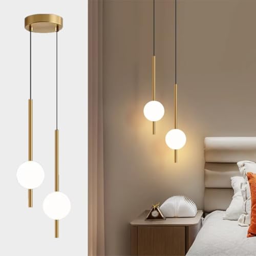 Modern Pendelleuchte Kugel, Nordisch Nachttisch Hängelampe Schlafzimmer Einfache Lange LED Sphärische Deckenlampe Gold Metall, für Esszimmer, Wohnzimmer, Kücheninsel, Loft 2 Lichter von AstrizLamp