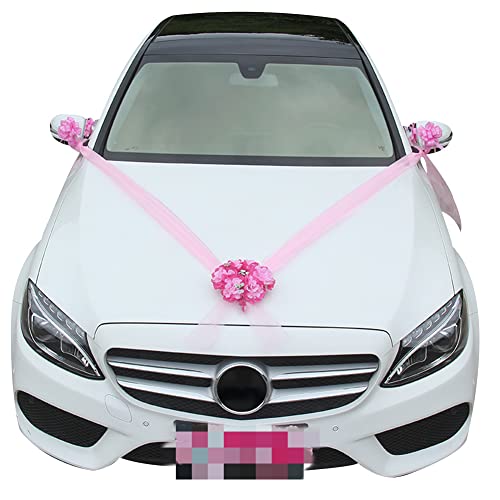 Asudaro Autoschmuck Hochzeit, Hochzeitsauto mit Band Auto Schmuck Organza Braut Paar Rose Dekor Autoschmuck Hochzeit Car Auto Wedding Deko Girlande Auto Dekoration Wedding Deko Ratan,rosa von Asudaro