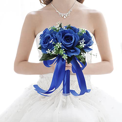 Asudaro Brautjungfer Hochzeitsstrauß, Brautstrauss Realistische Rose Gefälschte Blumensträuße Künstliche Rose Seidenbänder Braut Blumen für Braut Brautjungfern Home Party Prom Hochzeitsdekor Blau von Asudaro