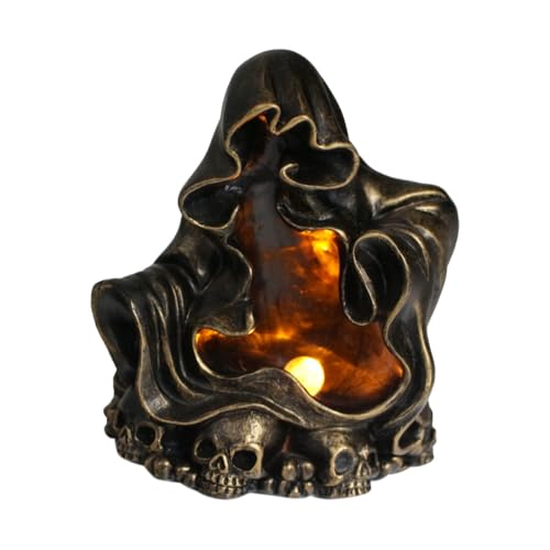 Asudaro Halloween-Totenkopf-Lampe aus Kunstharz Statue Schreibtisch-Ornament Zauberer-Umhang-Skulptur mit LED-Licht für die Dekoration zu Hause oder im Büro von Asudaro