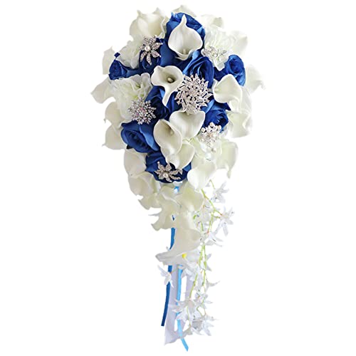 Asudaro Hochzeit Blumen Brautjungfer Blumensträuße, Romantischer Brautstrauß Wasserfallform künstliche Blumen Weiße Calla-Lilien mit Diamant-Blumenstrauß für Hochzeit, Antrag, Party, Jubiläum von Asudaro
