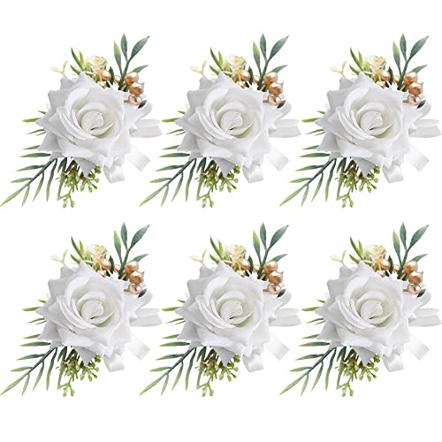 Asudaro Hochzeit Handgelenk Blume Corsage, 6 Stück Bräutigam Boutonniere Ansteckblume Hochzeit Boutonniere Braut Hochzeit Handgelenk Blumen Corsage Rose Boutonniere Handgelenk Blumen Weiß W#02 von Asudaro