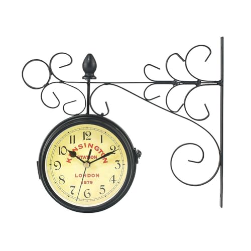 Asudaro Vintage Wanduhr Hängende Uhr Retro Doppelseitige Gartenuhr Outdooruhr Runde Metall Bahnhofsuhr Zweiseitige Zahlen Wanduhr Dekorative Wanduhr mit Halterung Schwarz von Asudaro