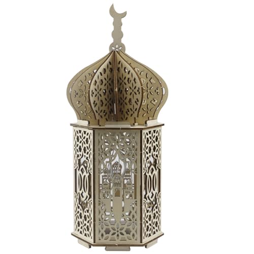 Hölzerne Eid Leuchtturm Dekoration, Asudaro Ramadan Dekorationen Eid Kunsthandwerk hölzerne Nachtlicht Islam Mubarak Dekorationen Tischlampe, 10x 10x24cm, für Büro Haus Typ 01 von Asudaro