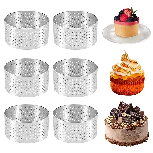 Asuinxurr 6 Stück Perforierte Tortenring Rund zum Backen,Edelstahl Tortenring mit Löchern,Kuchenform Mousse Ring Französische Dessert Backringe Donuts Kekse Förmchen DIY Torten Ringe (60 * 35mm) von Asuinxurr