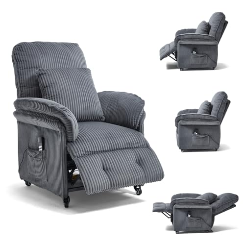 Asukale 2 Motoren Elektrischer Relaxsessel, Fernsehsessel mit Liegefunktion, TV Sessel Wohnzimmer mit Rollen, Verstellbarer Rückenlehne & Fußstütze, 2 Seitentaschen, Cord Couch, Dunkelgrau von Asukale