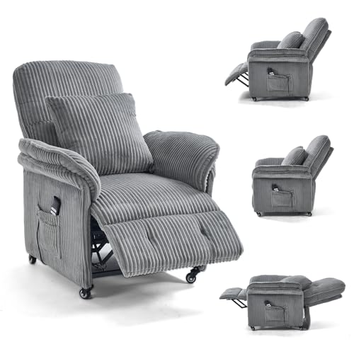 Asukale 2 Motoren Elektrischer Relaxsessel, Fernsehsessel mit Liegefunktion, TV Sessel Wohnzimmer mit Rollen, Verstellbarer Rückenlehne & Fußstütze, 2 Seitentaschen, Cord Couch, Hellgrau von Asukale