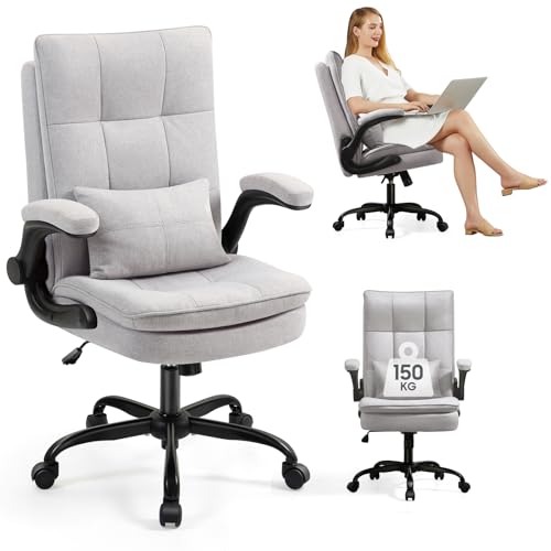 Asukale Bürostuhl Ergonomisch [TESTSIEGER] Schreibtischstuhl | Hochklappbare Armlehne & Hohe Rückenlehne | Höhenverstellbar & Wippfunktion | Chefsessel 150 kg | Office Chair | Bürostühle Stoff, Grau von Asukale