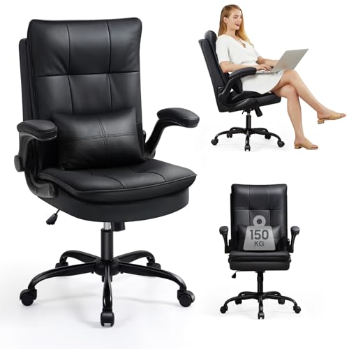 Asukale Bürostuhl Ergonomisch [TESTSIEGER] Schreibtischstuhl | Kratzfeste Leder | Hochklappbare Armlehne & Hohe Rückenlehne | Höhenverstellbar & Wippfunktion | Chefsessel 150 kg, Schwarz von Asukale
