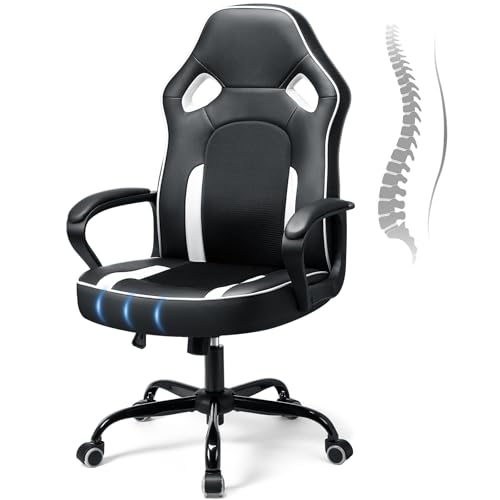 Asukale Bürostuhl Racing Gaming Stuhl Stil, Ergonomischer Schreibtisch Stuhl,Höhenverstellbarer Bürostuhl mit Armlehnen,PC bürostuhl Leder 150 kg Tragfähigkeit Weiß von Asukale