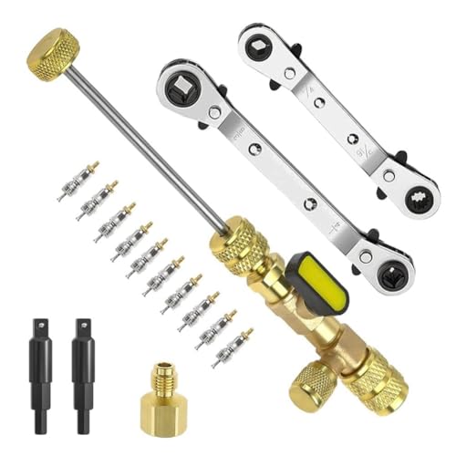 Asyduey Ventileinsatz-Entferner-Installationswerkzeug und HVAC-Service-Schraubenschlüssel-Set, Kältetechnikschlüssel mit Bit-Adaptern, 10-Teiliger Ventilkern, Einfache Installation von Asyduey