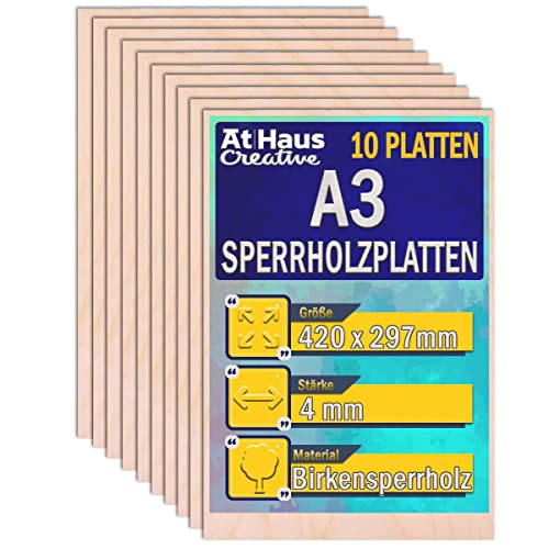 AtHaus 10 x A3 Sperrholzplatte 4mm | 420 x 297 mm | Birkensperrholz | Perfektes Blatt für Laserschnitt, CNC Router, Brandmalerei, Laubsäge, Durchbrochenes | Dünne Holz-Zuschnitt von AtHaus