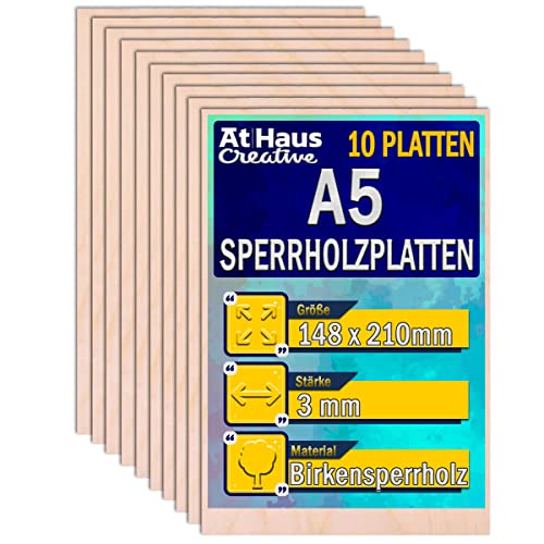 AtHaus 10 x A5 Sperrholzplatte 3mm | 148 x 210 mm | Birkensperrholz | Perfektes Blatt für Laserschnitt, CNC Router, Brandmalerei, Laubsäge, Durchbrochenes | Dünne Holz-Zuschnitt von AtHaus