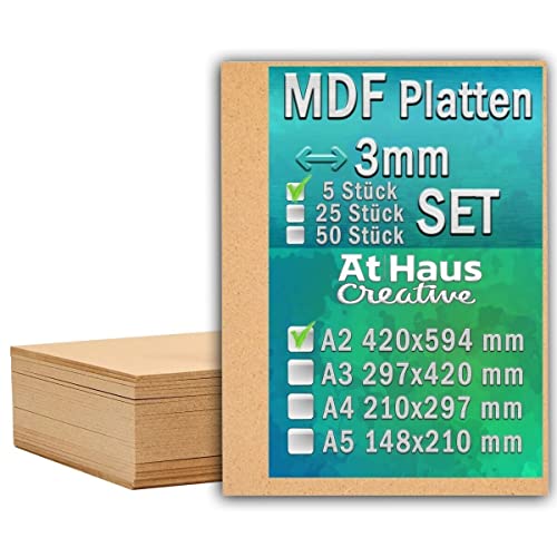 AtHaus MDF SET 5 x A2-594 x 420mm Holz-Platten 3mm Dünne Holzplatten Zuschnitt zum Basteln, Bemalen, Modellierung, Gravur, Perfekt für Laser, CNC Router von AtHaus