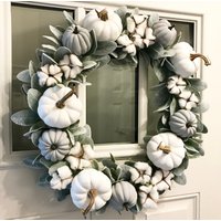 Herbstkranz | Neutral Bauernhauskranz Weißer Kürbiskranz Kürbis Kranz Aus Baumwolle Lämmer Ohrkranz Kleiner von AtHomeWithAmie