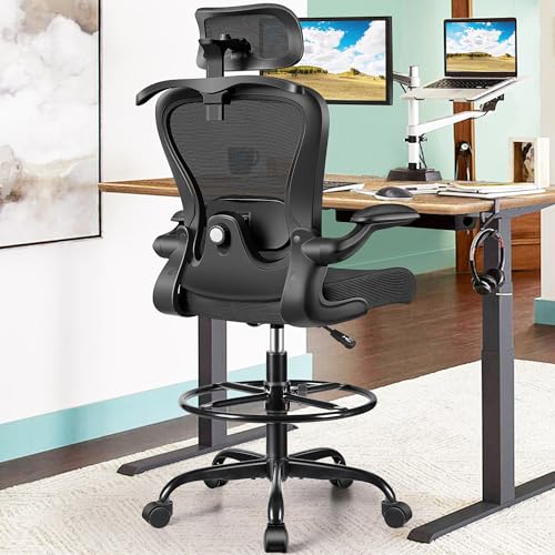 Zeichenstuhl, hoher Bürostuhl mit 3D-Lenden- und Kopfstütze, ergonomischer Netz-Stehstuhl mit Fußstütze, bequemer, erweiterter Hochschreibtischstuhl mit Klapparmen und Aufhänger, Schwarz von AtHope