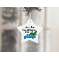 Personalisierte Blaue Lkw Auto Erste Weihnachtsbaum Ornament Christbaumkugel, Name Geschenk Keramik von AtNineThirtyTwo