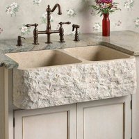 Beige Marmor Rough Schürze Sink Farmhouse Kitchen Doppel Küchenspüle Naturstein Küchenbecken Hand Geschnitzte Spüle von AtaMarbleDesign