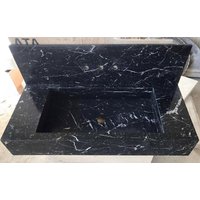 Nero Marquina Schwarzer Marmor Integriertes Waschbecken Benutzerdefinierte Marmorwaschbecken Wandhalterung Doppelwaschbecken Modernes von AtaMarbleDesign