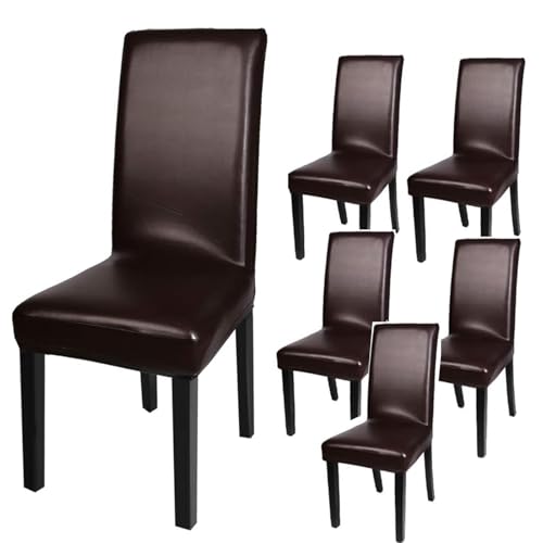 4er/6er Set Esszimmer Stuhlhussen, Wasserdichtes Pu Leder Stretch Stuhlüberzug Bi-elastische Spannbezug, Moderne Stuhl Abdeckung Für Esszimmer Dekor (Brown,6 PCS) von Atack-B