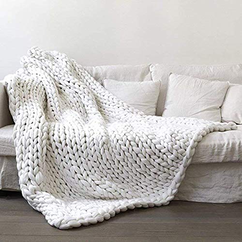 Atack-B Grob Gestrickte Decken, Handgefertigte Merinowolle-Mischung Arm Gestrickt Werfen Super Große Strickgarn Haustier Bett Stuhl Sofa Yoga Matte Teppich (Weiß,80 * 100cm 1.4kg) von Atack-B