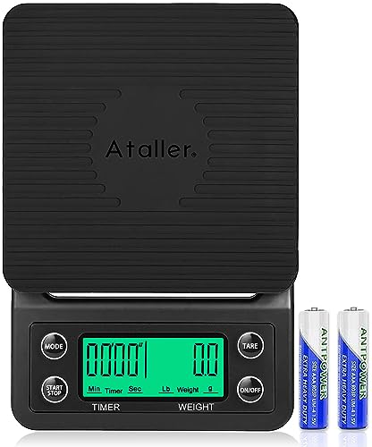 Ataller Digitale Kaffeewaage mit Timer, 2 in 1 Küchenwaage, Elektronische Espressowaage, Tropfkaffeewage mit großem LCD, Auflösung 0.1g, Messbereich 3000g (Schwarz) von Ataller