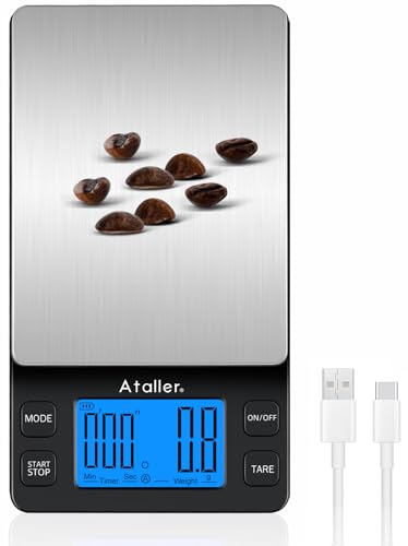 Ataller Mini-Kaffee-Waage mit Timer, per USB aufladbare Espressowaage, Auflösung 0,1 g, max. 2 kg, Tropfkaffeewaage, digitale Taschenwaage und Unzen-Skala von Ataller